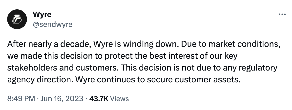 加密支付提供商 Wyre 将关闭，用户可在 7 月 14 日前提取资产