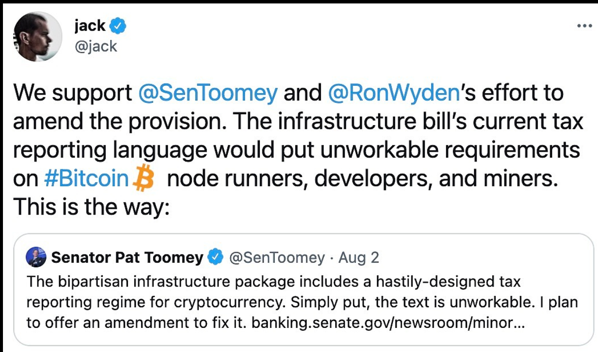 推特CEO支持修改基础设施法案中的加密货币相关条款