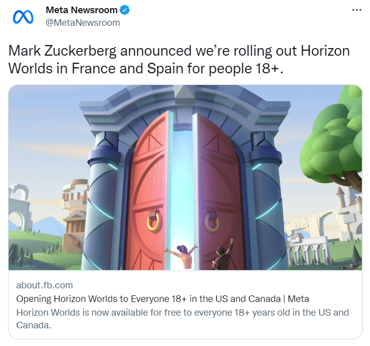 Meta 元宇宙应用 Horizon Worlds 将于本周在法国和西班牙上线