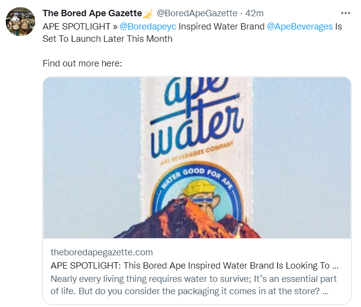 受 BAYC 启发的水品牌 Ape Beverage 推出 Ape Water，将在罐体上印上 BAYC #5382
