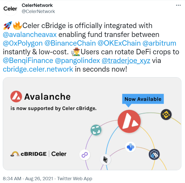 Celer推出的跨链支付网络cBridge宣布支持Avalanche