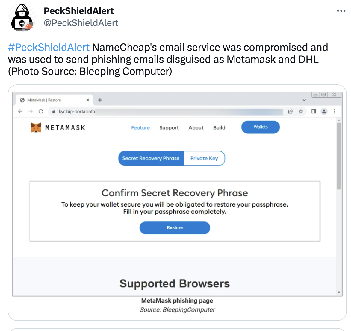 PeckShield：Namecheap 被攻击并发送伪装成 Metamask 的网络钓鱼邮件