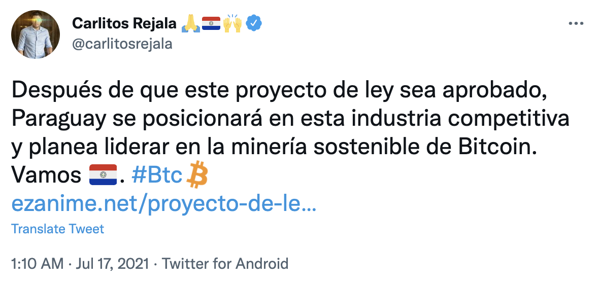 巴拉圭国会议员：巴拉圭计划在可持续比特币挖矿领域居于领先地位